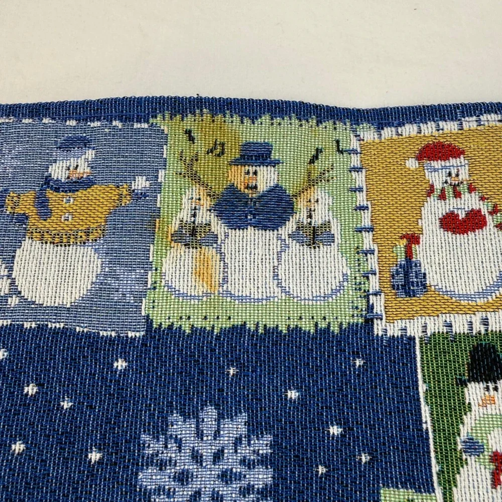 Vintage Woven Tapestry Snowman Placemats Blue Winter Holiday Set of 2